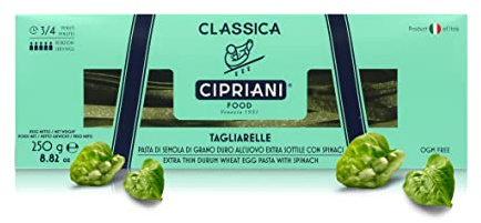 Cipriani Tagliarelle aux Épinards, Pâtes Italiennes Extra-fines aux Oeufs de Blé Dur, Pâtes de Type Tagliatelles aux Épinards et aux Oeufs Frais, Séchage Lent, 250 Grammes