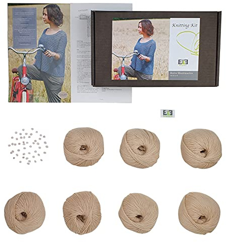 DesignEtte Strickset DIY Sommerpulli Butte Montmartre Strickset mit 7 Knäulen reiner Merino Wolle, incl. Perlen + Anleitung für 7 Dänische Strick und 2 Häkel Designs. Größe S/M Beige.