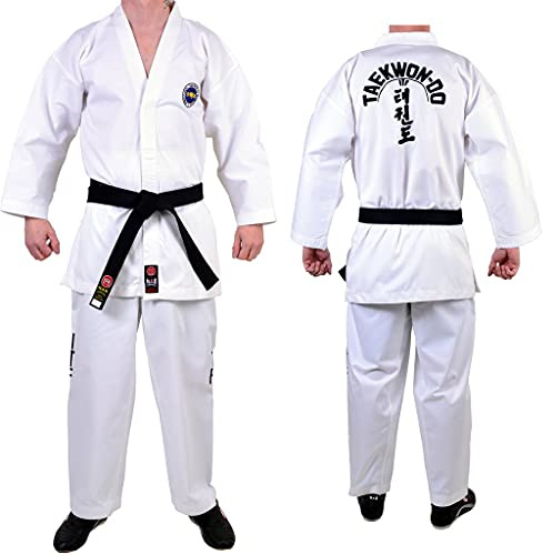MAR | ITF Taekwondo Gi Uniform White Suit 8oz Polycotton Fabric for Kids & Adults Unisex Martial Arts Sparring Training Dobok ITF Logo Free White Belt Size 100cm-200cm