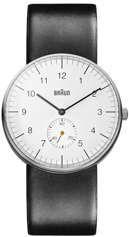 Braun Small-Second Mens Analogue Quartz Watch, White Dial and Black Leather Strap, 38mm Stainless Steel Case, Model BN0024WHBKG.