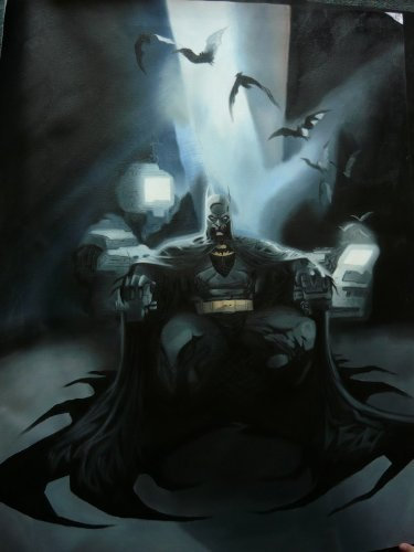 Batman Trône Peinture à l'huile 40 x 28 peinte à la main pièce d'art, Ceci n'est pas une giclée, Poster ou Imprimé sur toile. Il s'agit d'une superbe restitution d'un Objet d'art classique. Expression et de texture sont Evident et c'est moins une Masse produite Poster et plus encore une œuvre d'art. encadré, mais sur toile Alone est également disponible. 