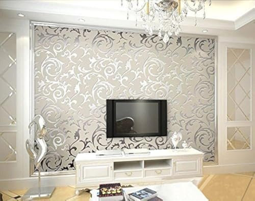 HANMERO High-grade Flocking Victorian Damask/Embossed PVC Wallpaper Roll Gray Color Wallpaper for Living Room Hotel Bedroom TV Background 0.53m(20.86)*10m(32.8')=5.3©O(57sqfeet) - Silver & Gray