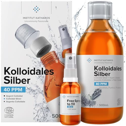 Kolloidales Silber 100% Natürlich | 40 PPM (500 ml) | Mit unentbehrlichem auffüllbarem 30ml-Spray und praktischem Messdeckel | Reinheit und Konzentration von unabhängigen Laboren getestet