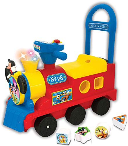 Disney Kiddieland Mickey Mouse Play n' Sort Activity Train Ride-On with Music, Lights, Shape Blocks, Engine & Whistle Sounds, Toddler Push Toy for Ages 12–36 Months