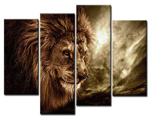 4 Panel Wall Art Brown Fierce Lion Against Stormy Sky Painting The Picture Print On Canvas Animal Pictures For Home Decor Decoration Gift Piece Stretched By Wooden Frame Ready To Hang