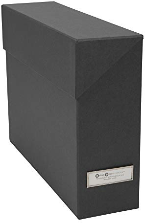 Bigso Lovisa Fiberboard Label Frame 12 File Storage Box - Document Organizer for Important Paperwork - Durable Hanging File Box w/Flip Top Lid & Metal Label Window - 3.7in x 13in x 9.4in - Dark Grey