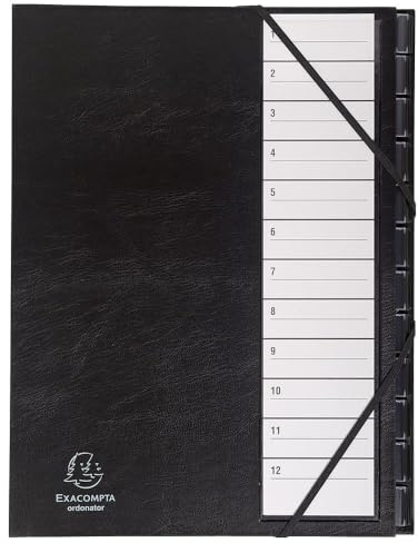 Exacompta 625665E Premium Ordnungsmappe Ordonator. Mit festem Einband für DIN A4 und 12 Fächern 1-12 mit dehbarem Rücken, 2 Gummizügen, Etikettenhalter, Kartenreiter mit Lupeneffekt schwarz