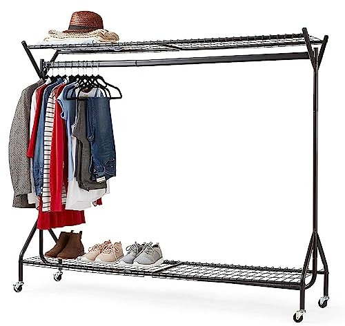 House of Home Clothes Rail with Wheels Super Heavy Duty Metal 1 Tier Rail Wardrobe Replacement Hanging Clothing & Shoe Rack Storage & Organiser for Shirts, Coats, Hat & Shoes 6ft x 5ft Black