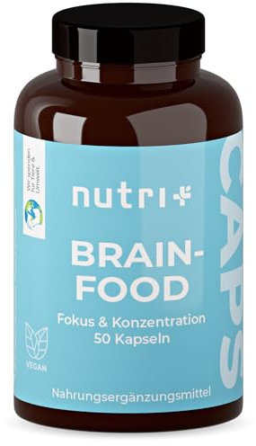 Nutri + Brainfood comprimés de concentration - Brain Booster 50 capsules - cerveau focus performance aide à l'apprentissage vegan supplément avec caféine, choline, ginseng
