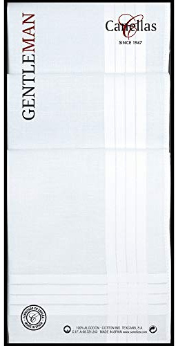 Canellas Caja 6 pañuelos de bolsillo para hombre, 100% algodón, fondo blanco y satenes en blanco, 44 cm
