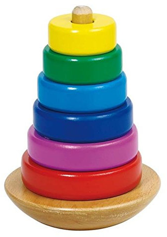 goki 58925 - Stapelturm runder Boden aus Holz, bunte Holzringe zum stapeln auf wackelndem Boden, fördert Feinmotorik und Hand-Augen-Koordination der Kinder, 12cm, 7er Set, ab 2 Jahre