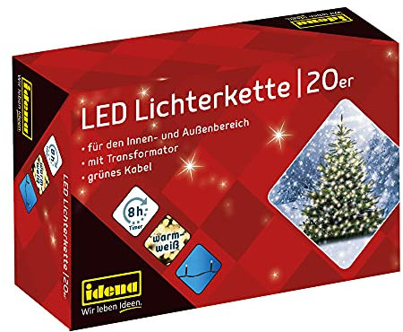 Idena 8325052 - LED Lichterkette mit 20 LEDs in Warmweiß, mit 8 Stunden Timer Funktion und Transformator, ca. 3,9 m lang, Deko für Innen & Außen, als Party Deko, Weihnachtsdeko, zur Hochzeit