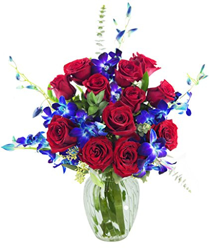 KaBloom PRIME NEXT DAY DELIVERY - Fall Collection - Symphony Bouquet of 12 Red Roses, 5 Blue Orchids and Greens with Vase.Gift for Birthday, Thank You, Valentine, Mother’s Day Fresh Flowers