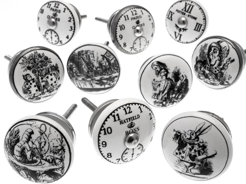 Gemischt Set mit 'Alice im Wunderland - Uhren' schwarz & weiß Keramik Küchenschrank Knauf x 10er packung (MG-262) - 'Mango Tree' TM Produkt