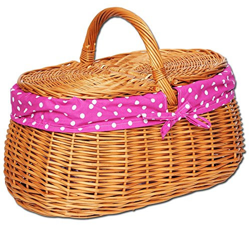 Picknickkorb aus Weide mit Deckel und Stoffeinlage in Rosa (Pink) mit weißen Punkten Einkaufskorb | geflochten oval