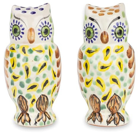 Novica búho para especias '(par) cerámica salero y pimentero de cerámica, multicolor