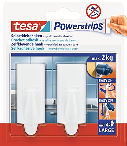 tesa Powerstrips Haken Large TREND - Selbstklebender Wandhaken für Glas, Kacheln, Holz, Kunststoff und andere Untergründe - Weiß 58045-00-01