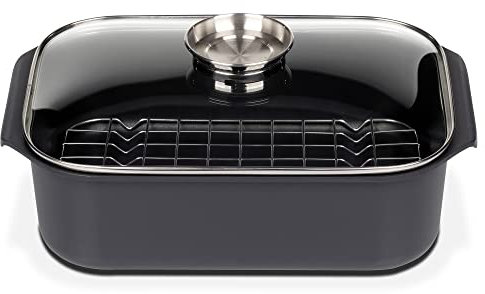 GSW Asador rectangular gourmet con tapa de cristal aromático e inserto para parrilla, aluminio fundido, negro, ø aprox. 40 x 26 x H 11 cm