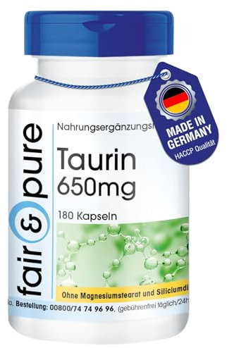Fair & Pure Taurin 650mg, 180 Kapseln, hochdosiert, Nahrungsergänzungsmittel vegan ohne Magnesiumstearat, in Deutschland hergestellt