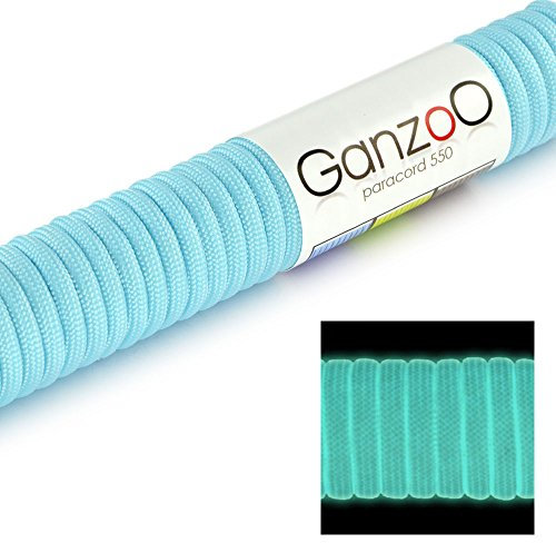 Paracorde 550 fluorescente, corde de survie à usages multiples et ultra-résistante, corde de parachute, corde gainée en nylon, longueur totale: 31m, couleur: bleu clair – ATTENTION: NE PAS UTILISER CETTE CORDE POUR L'ESCALADE, de la marque Ganzoo