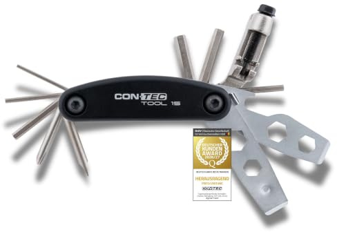CONTEC Fahrrad-Multitool 15, 15 in 1, Multifunktionswerkzeug, Reparatur Set, Minitool, Multi-Purpose, Innensechskant, Schraubendreher, leicht, schwarz