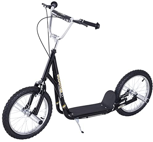 HOMCOM Patinete Scooter para Niños de +5 Años con Neumáticos Inflables Grandes de 16 Pulgadas con Frenos y Manillar Ajustable en Altura 143x58x92-100 cm Negro
