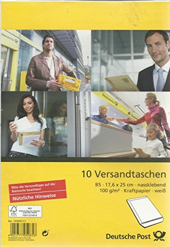 Deutsche Post - 10 Versandtaschen - B5 weiß nassklebend ohne Fenster