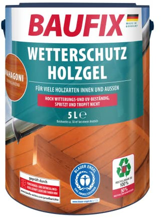 BAUFIX Wetterschutz-Holzgel mahagoni, seidenglänzend, 5 Liter, Holzlasur, tropfgehemmte Holzlasur, für alle Holzarten, witterungsbeständig