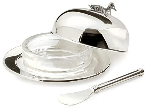 EDZARD Mantequillera / Mantequera Pato, diametro 14 cm, plateada, con inserto tazón de vidrio, incl. cuchillo para mantequilla, campana de mantequilla