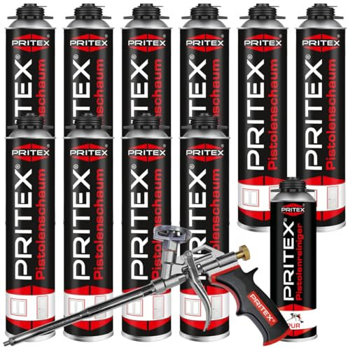 Pistolenschaum Set 10 x 750ml PU Schaum inkl. Pistolenreiniger 500ml + Schaumpistole Bauschaum Montageschaum