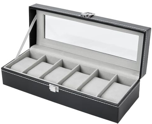 Ohuhu Uhrenbox mit 6 Fächern, Watch Box Uhren Aufbewahrungsbox mit Glasdeckel & Metallschnalle, Uhren Box aus PU Leder und Samt Innenfutter, Uhrenbox Herren Frauen, Geschenk für Weihnachten