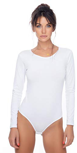 Evoni Damenbody | Overall Bodysuit mit Rundhals für Frauen | Langarm-Body in verschiedenen Farben | Optimale Alternative für Sport & Freizeit | Eleganter Jumpsuit(Small, Weiß)