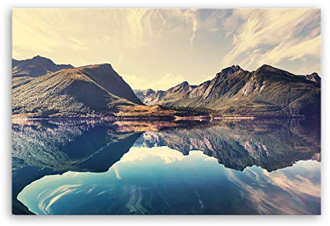 ge Bildet Bild auf Leinwand | Norwegische Berglandschaft - Norwegen Bild Natur Berg See L in 120x80 cm als Wandbild XXL | Wand-deko Dekoration Wohnung modern Bilder | 2213