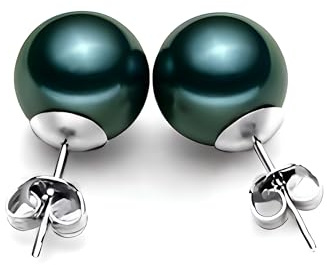 Schmuckwilli Perlenohringe für Damen & Mädchen - mit grün schwarzen runden Perlen - Elegante Ohrringe mit Muschelkernperlen MK Perlen für jeden Anlass - Ohrstecker - Ohrhänger Pearl earrings für Frau