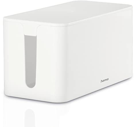 Hama Kabelbox „Mini“ mit Deckel & Gummifüßen (Organizer zur Vermeidung von Kabelsalat, Aufbewahrungsbox zum Verstecken von Steckdosenleisten, Adaptern & Kabeln, Schutz von Kindern & Tieren) weiß