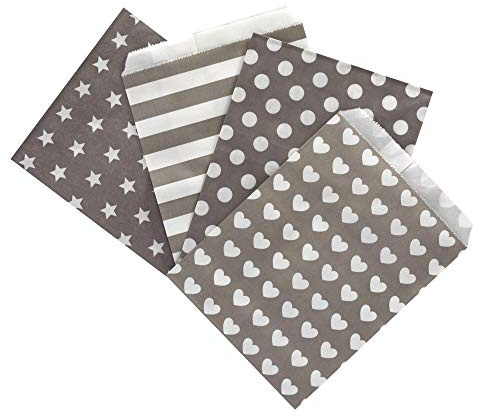 Frau WunderVoll® 100 PAPIERTÜTEN Taupe/HELLGRAU, Sterne, Streifen, Punkte, Zacken 13 x 16,5 cm, 45 Gramm Papier, flach/Candy Bar, Hochzeit, Kindergeburtstag, Papiertütchen, Candybag, Mitgebseltüten