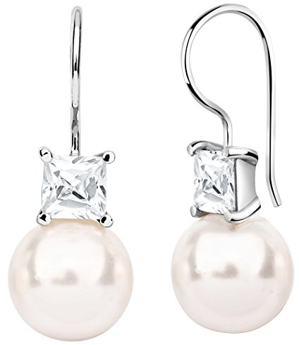 Nenalina Ohrringe Silber 925 Damen Ohrhänger mit Glas Perlen 12 mm und Zirkonia 6 mm im Caréeschliff