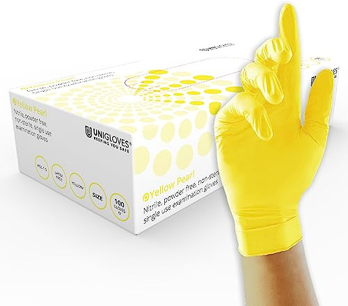 Unigloves Yellow Pearl - Guantes de examen de nitrilo - Guantes desechables multiuso, sin polvo y sin látex - Caja de 100 guantes, color amarillo, extra grandes (GP0115)