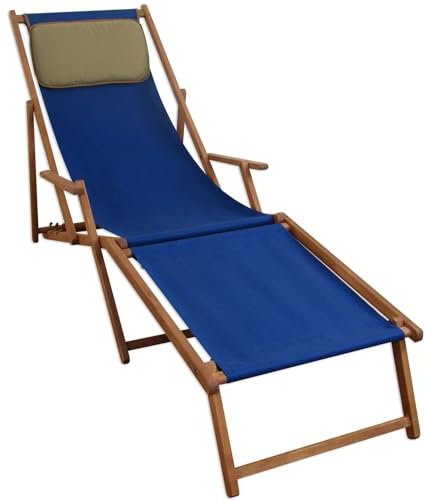 Liegestuhl blau Fußablage Kissen Deckchair klappbar Sonnenliege Holz Gartenliege 10-307 F KD