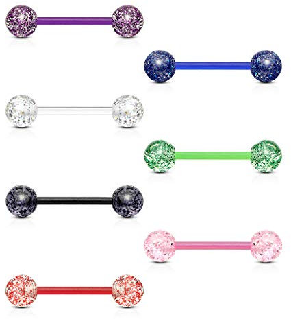 Paula & Fritz® Zungenpiercing-s Glitzer-Kugeln Bioflex Acryl Kunststoff 16mm Stab-länge 1.6 mm Stab-Dicke 7er Set Barbell Kugeln PTFE