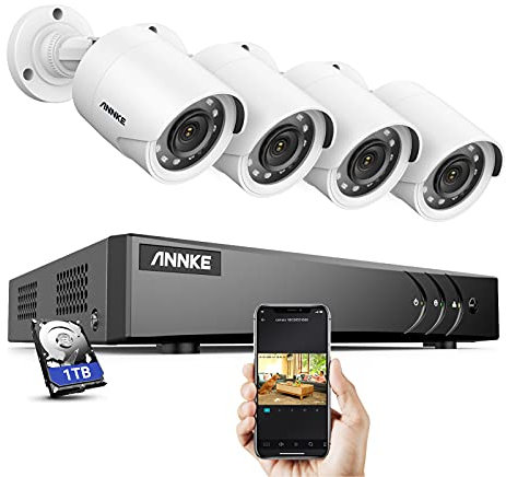 ANNKE DVR 3K Lite 8 Canales con Detección AI Personas/Vehiculos, 4X Cámaras 1080p Visión Nocturna en Color Kit de Videovigilancia CCTV, Disco Duro 1TB, Alertas por Email con Imágenes, IP67