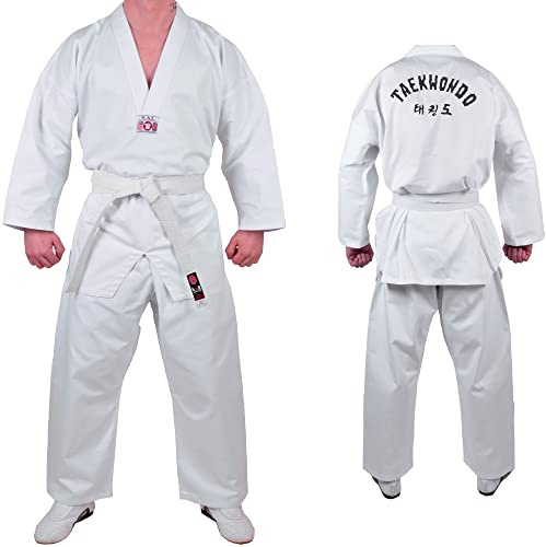 MAR | Taekwondo White Uniform Suit White Colour V-Neck, Sparring Gear Unisex Kids & Adult Martial Arts Taekwondo Gi Student Suit Taekwondo Polycotton Medium Weight 8oz Fabric + FREE BELT (2/150)