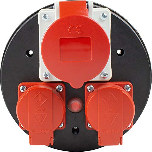 as - Schwabe 3-Fach CEE Steckdoseneinsatz für Kabeltrommel | 2 x 230 V und 1 x 400 V, mit Schutzdeckel rot, Außen IP44, Thermoschutzschalter