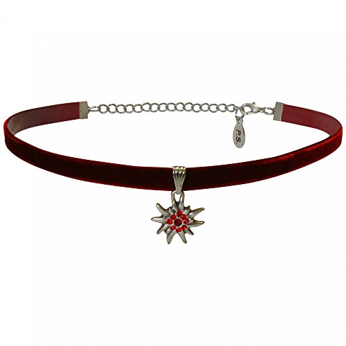 Trachtenkette für Dirndl oder Trachtenkleid Samt Kropfband Samtband Edelweiß mit Swarovski-Elements Dirndlkette Trachten-Kette elastisch Halsband Halskette Damen, Farbe:hellrot