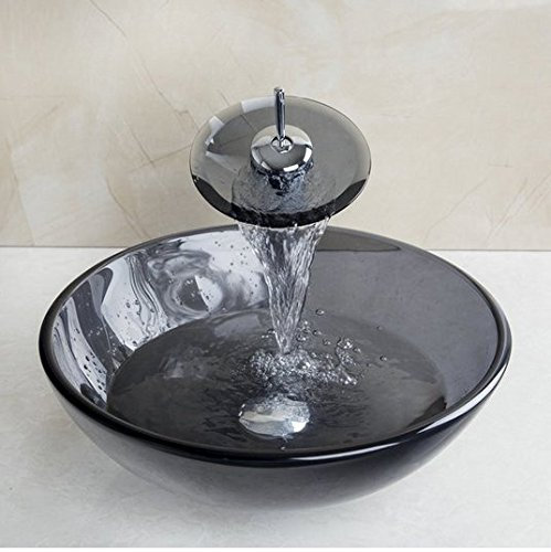 Gowe Lavabo en verre Noir en verre trempé évier avec robinet en laiton en verre de salle de bain Lavabo Ensemble