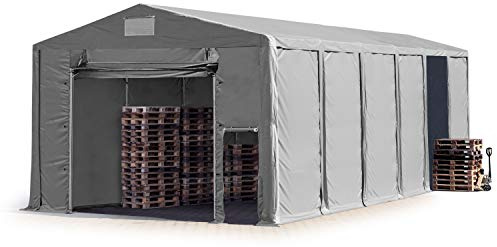 TOOLPORT Tente de Stockage Industriel Hangar 8x12 m à 3,6 mètres de Hauteur de côté avec bâches en PVC 850 N Gris imperméable avec Porte à Traction