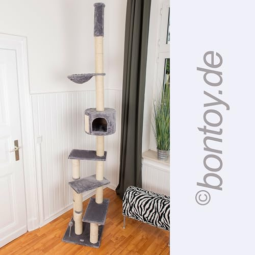 Bontoy Kratzbaum Pascha | Deckenhoch | mit 3 Ebenen | Farbe grau | 240cm - 260cm | Sisalstämme mit 9cm Durchmesser | für Deckenhöhe von 240-260cm | weitere Deckenhöhe auf Anfrage