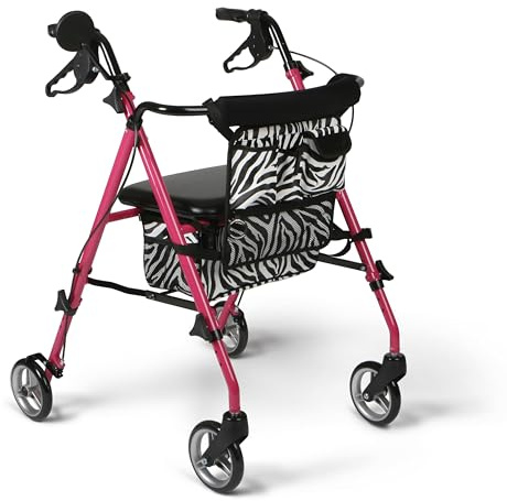 Medline Posh Premium Lightweight Aluminum Rollator Walker, Pink & Zebra Print, 250 lb. Weight Capacity, 6” Wheels, Water Resistant, Foldable, Rolling Walker for Seniors