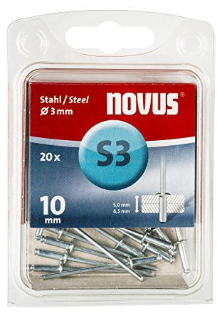Novus 045-0034 Remaches ciegos A 3 x 10 Steinel de acero 10 mm, 20, diámetro 3 mm, longitud de sujeción de 5,0-6,5 mm, para fijación de chapa, color plateado