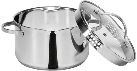 Krüger Edelstahl Kochtopf Ø 20 cm (3,0 L) | Mit Ausguss & Literskala | PFAS-frei & unbeschichtet | Induktion | Spülmaschinengeeignet | Mit Edelstahl-Hohlgriffen & Abseihdeckel | Kapselboden